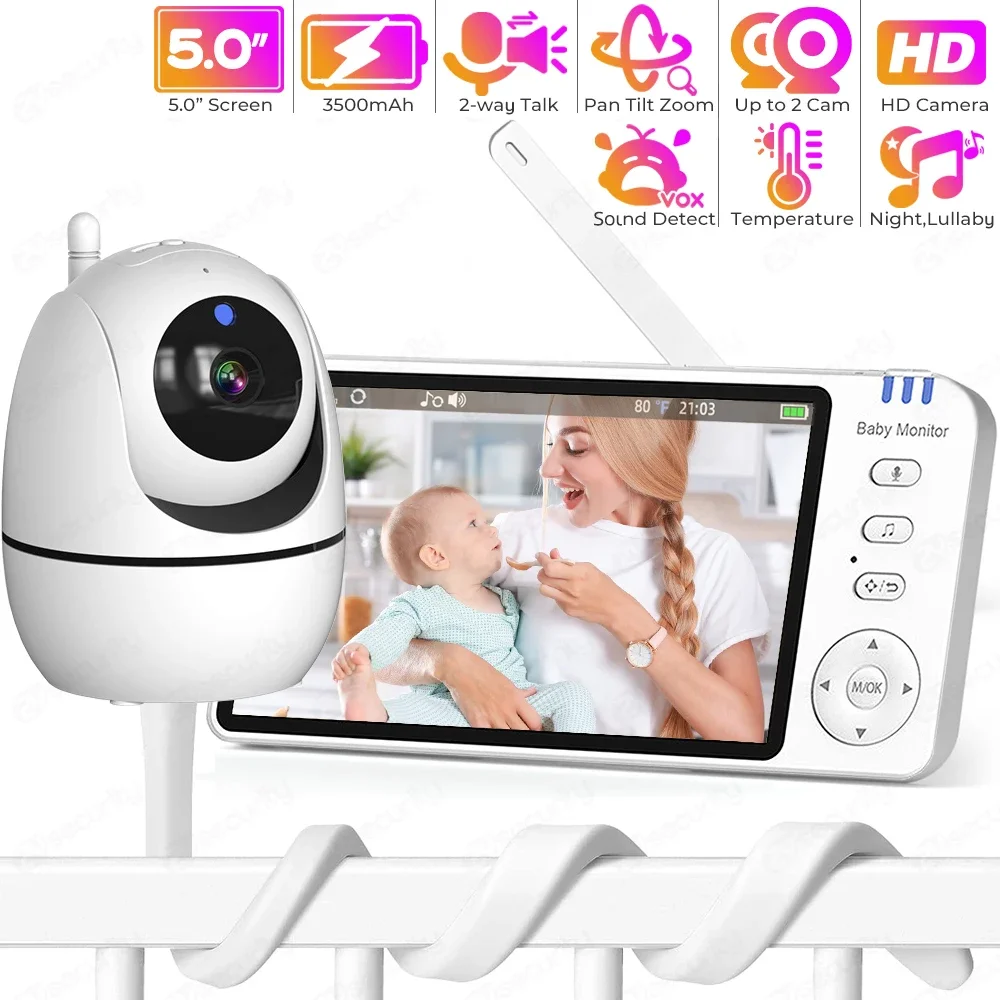 5 Inch Video Baby Monitor with Pan Tilt Zoom Babyphone Camera Bebe Nanny Monitors2-Way Audio Night Vision Babysitter with Stand