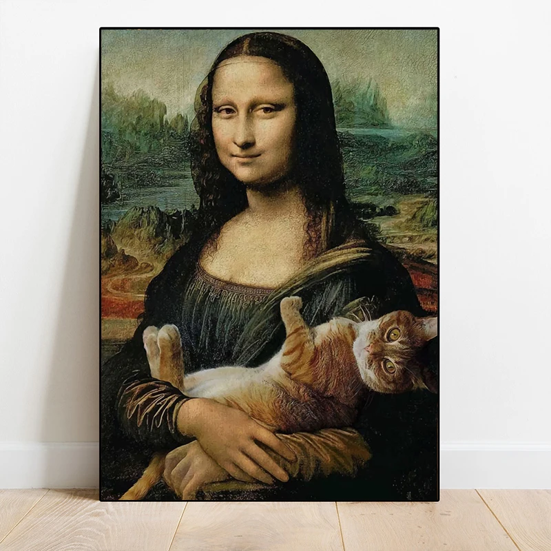 1pc frameless Canvas Painting  Vintage Funny Mona Lisa Portrait Poster Creative Beer Cat Canvas Painting and Print Retro Wall Ar