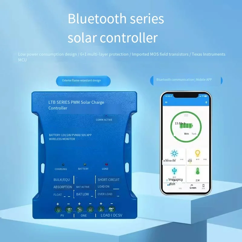 10A 20A PWM Solar Charge Controller with Bluetooth Mobile APP Remote Control, USB Output