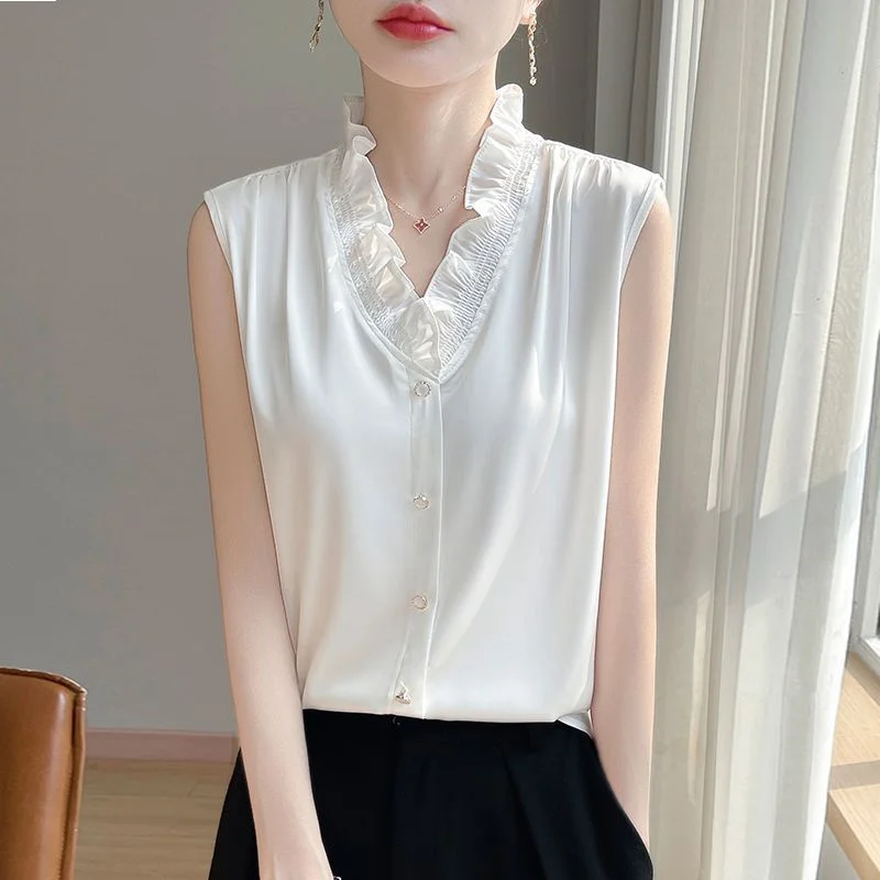 

New Silk V-neck French Lace Sleeveless Bottom Strap With Elegance and Slimming Look Solid Color Silk Top
