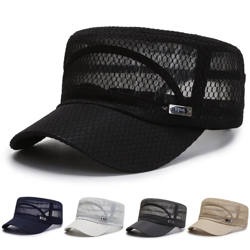 

2024 Men Summer Hat Mesh Caps Flat Top Snapback Adjustable Baseball Cap Outdoor Man Breathable Trucker Caps