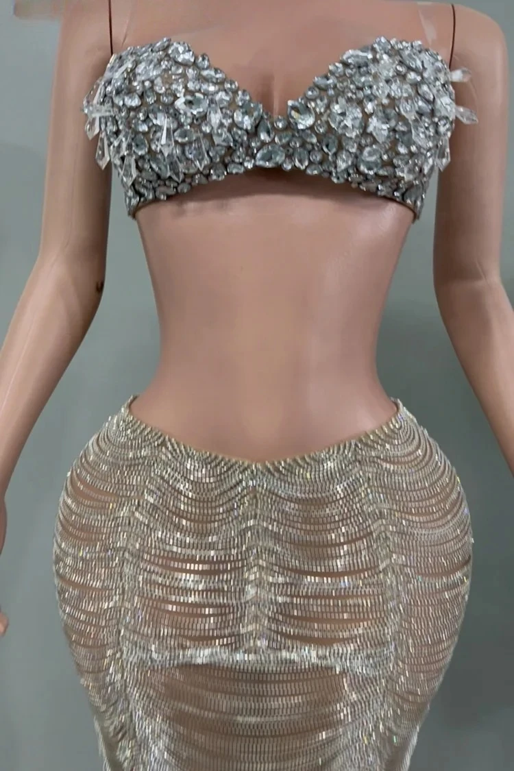 Réunion annuelle discothèque Bar Performance Costume moulin à vent plein diamant serré et Sexy dos nu fendu hanche étreinte jupe longue