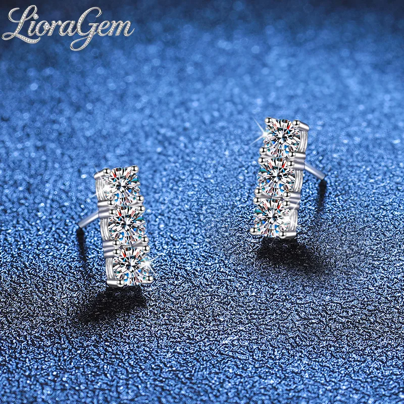 

LioraGem Simple Three-diamond Single-row Moissanite Stud Earrings, D Color 1.2-carat Moissanite Stud Platinum PT950 Stamp