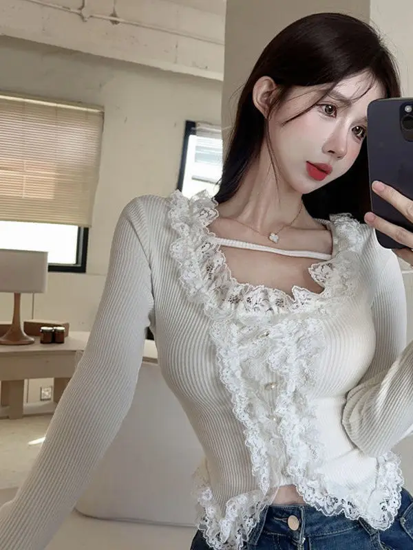 Leaky Collarbone Campus Lace Long Sleeved Knit Sweater With Bottom For Women's Autumn Spring Design Niche Slimming Short TIQC