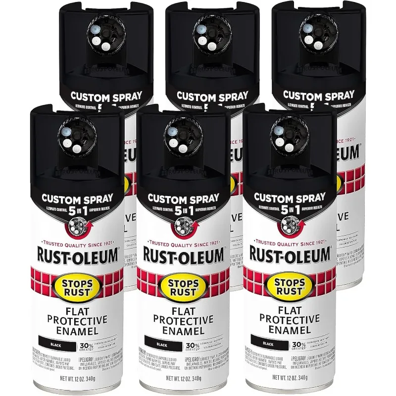 Rust Custom Spray 5-in-1 Spray Paint, 12 oz, Flat Black, 6 Pack