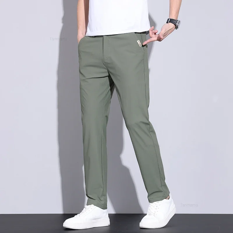 Summer Thin Men\'s Ice Silk Casual Pants High Elasticity Soft Cosy Business Straight Trousers High Quality Man Clothing Khaki