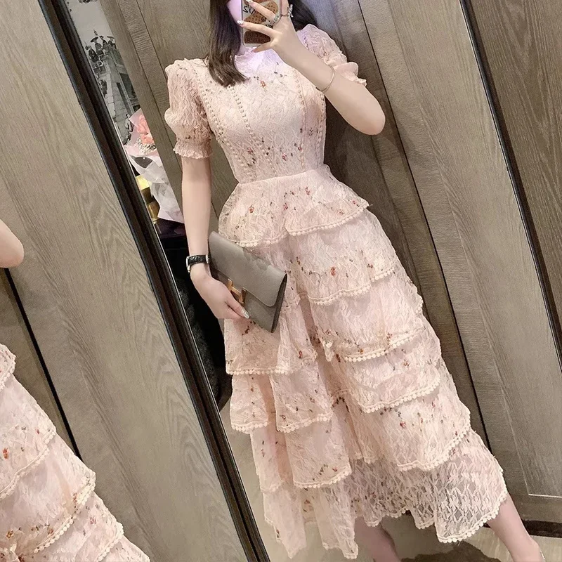 Rosa renda bordado maxi vestido feminino em camadas babados manga cheia cintura alta elegante vestidos de festa longos bodycon festa de férias