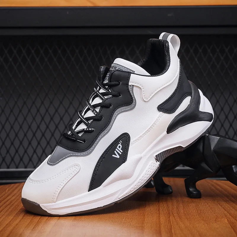 

Spring Fashion Men's Sports Shoes Soft Bottom Casual Thick Bottom Dad Shoes Trendy Leather Patchwork round Toe Breathable