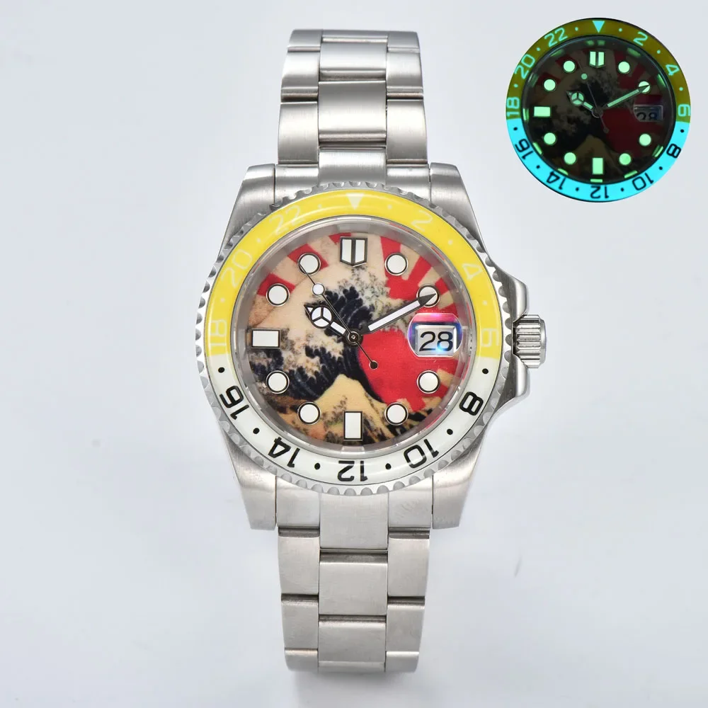 Orologio automatico NH35 da 40 mm con quadrante Kanagawa Wave lunetta completamente luminosa Il movimento automatico giapponese NH35 può personalizzare il logo