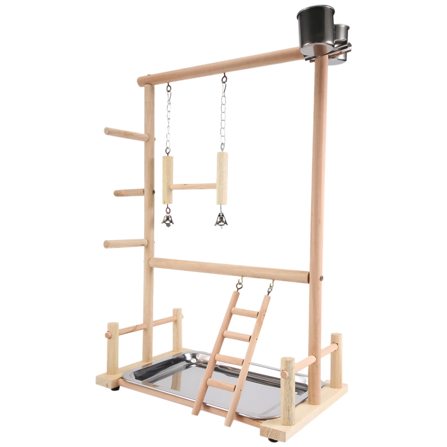 

A59T Parrots Playground,Natural Wooden Parrot Perch Gym Play Stand Parakeet Ladders with Feeder Cups and Toys Exercise Play