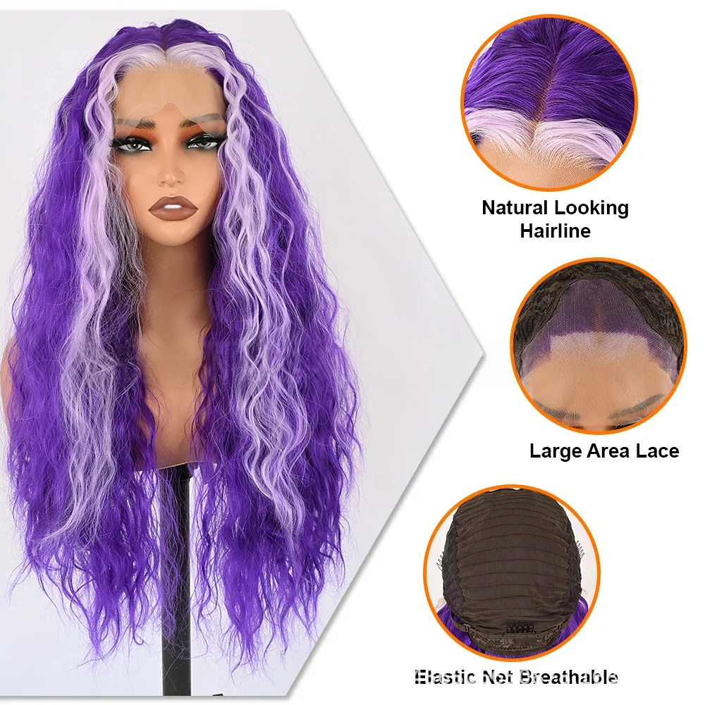 28 Inch Water Wave Lace Front Wig Purple Light Purple Highlight Glueless Synthetic Hair Heat Resistant 13x4 Lace 150% Density