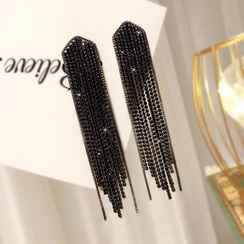 925 Needles Drop Earrings For Women Black Spinel Tassels Long Earring Cubic Zirconia Vintage Fine Jewelry Elegant Brincos