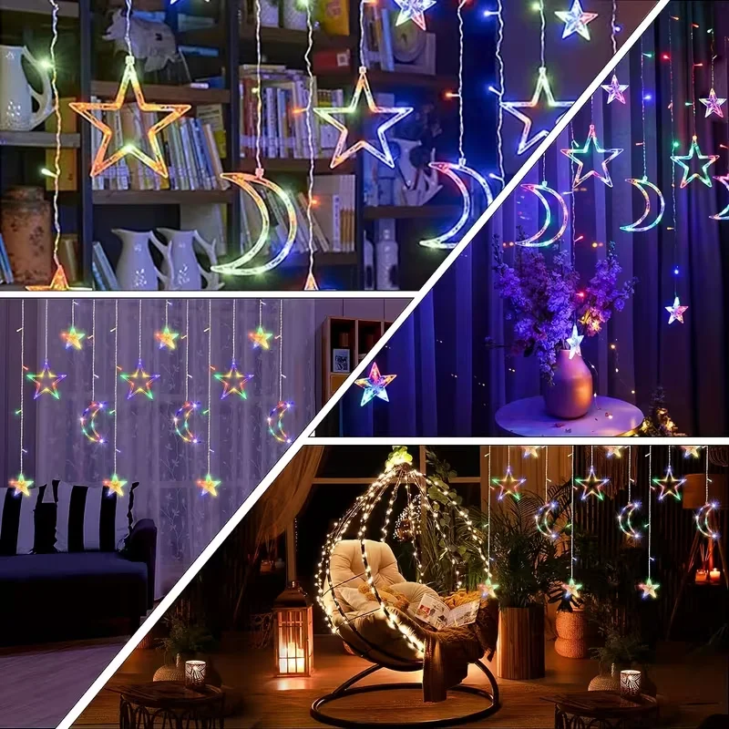 Luci a corda per tende a forma di stella lunare a LED alimentate tramite USB Lampada da atmosfera romantica sospesa calda/multicolore per decorazioni per Ramadan per feste al coperto