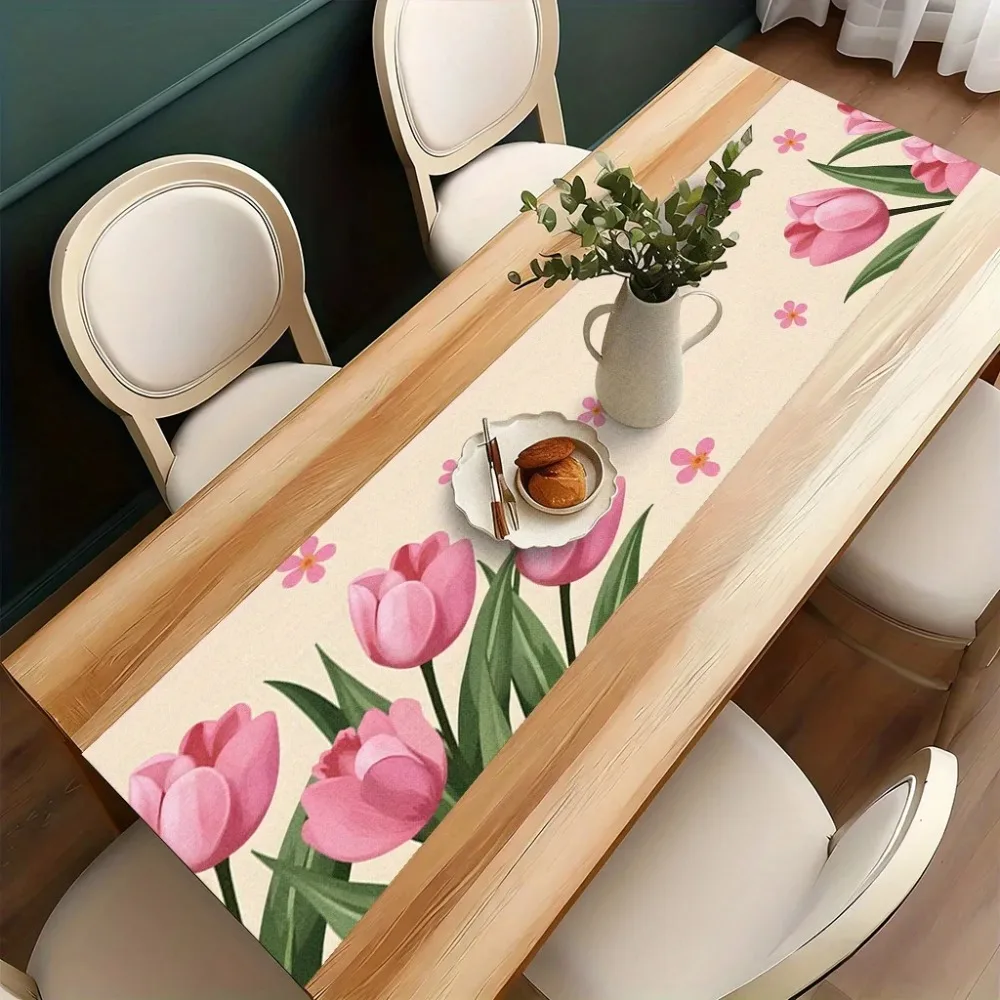 Pink Tulip Print Table Runner, Dining Table Decoration, All‑Season Home Decor