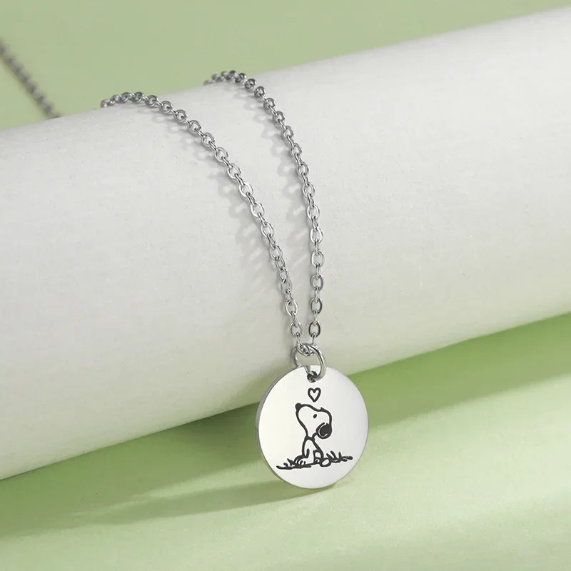 Snoopy Necklace Simple Versatile Stainless Steel Woman Jewelry Fashion Anime Round Card Anniversary Birthday Gifts for Ladies