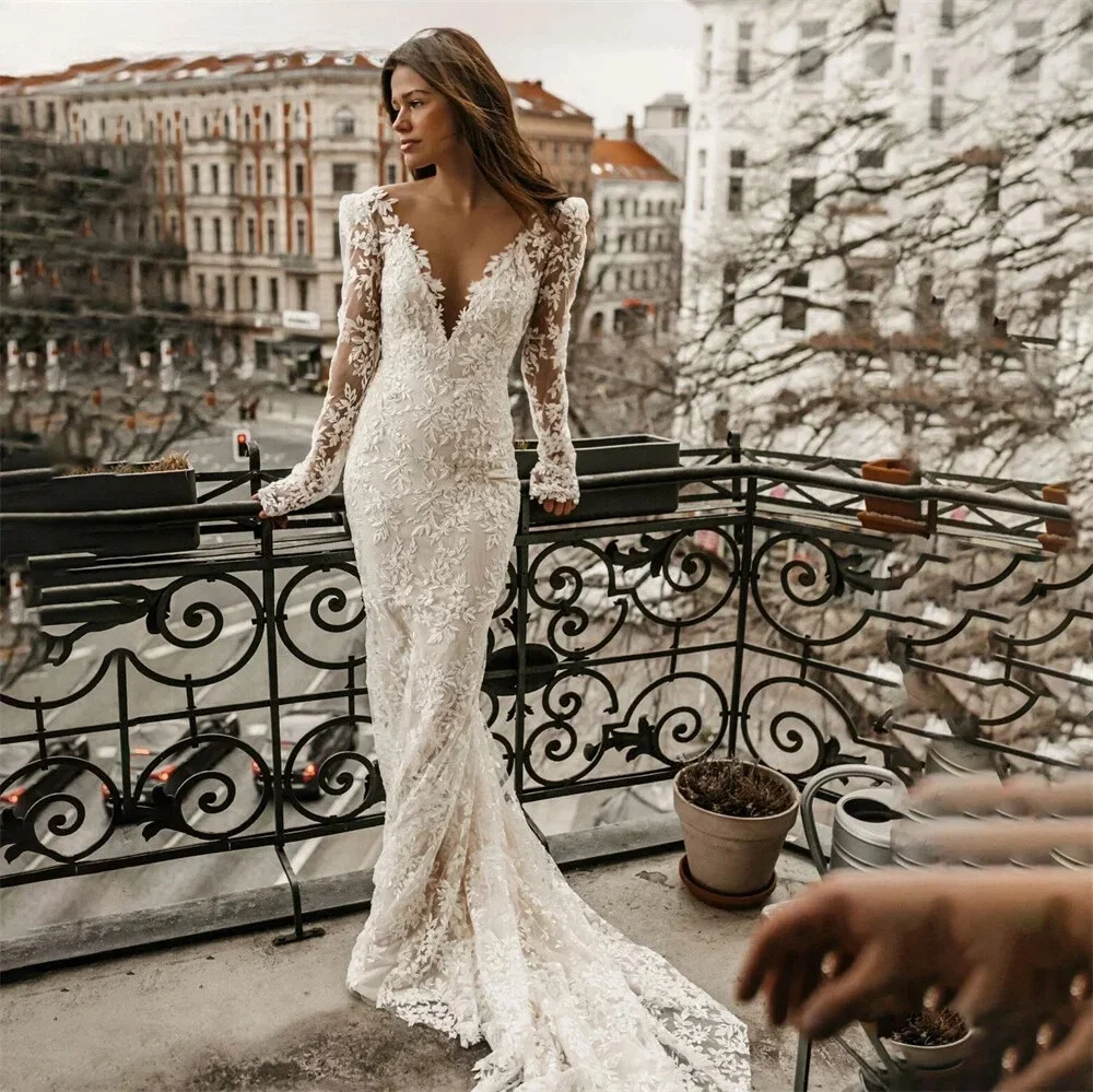 

Bohemian Lace Mermaid Wedding Dress Sexy Backless Beach Bridal Gown Sheer V-Neck Customized