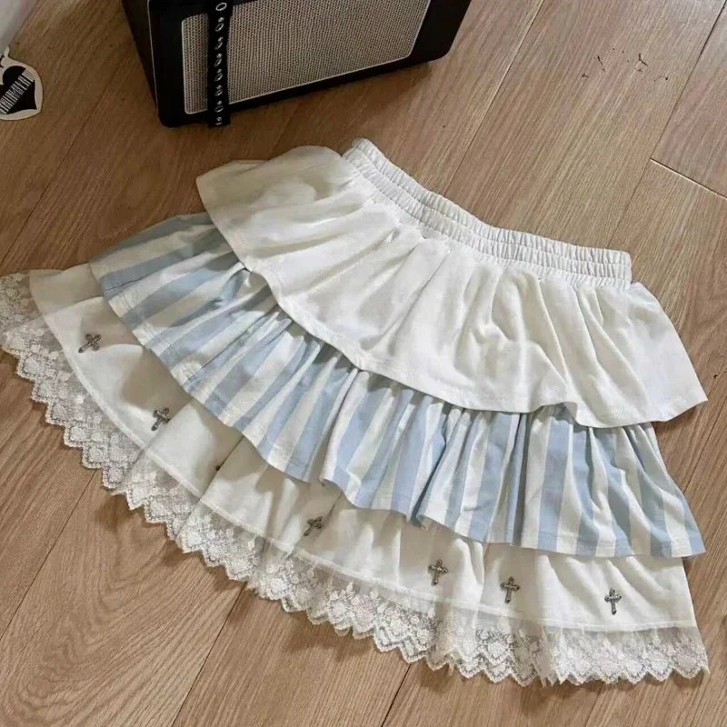 YCosplay Cake Skirts Subcultur 2k Mini Skirts Lolita Kawaii Clothing Harajukue Japanese Sweet Skirt Women Lace Striped Slim