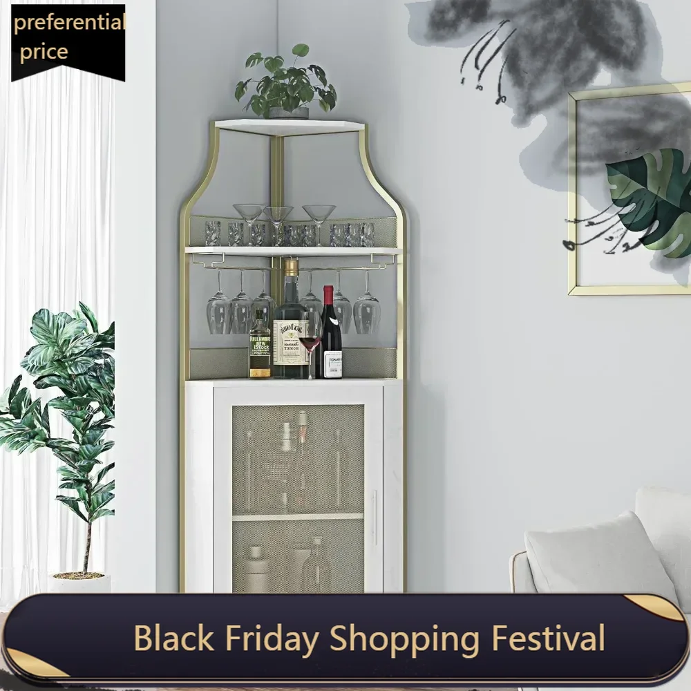 Corner Wine Bar Rack Cabinet with Detachable, Bar Cabinet with Glass Holder, Small Sideboard and Buffet Cabinet with Mesh Door