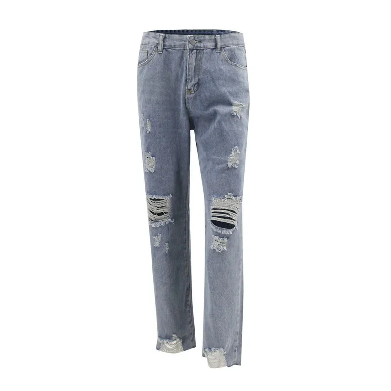 Women Button High Waist Pocket Elastic Hole Pants 2024 Ladies Ripped Stretch Slim Fit Jean Trousers Casual Denim Pant Streetwear