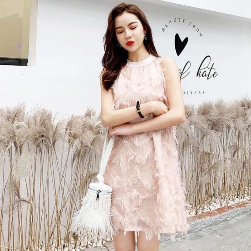 

New Summer Tassel Sleeveless Chiffon Dress Female White Black O-Neck Casual A-Line Neck-Mounted Dresses Woman Clothing Vestidos