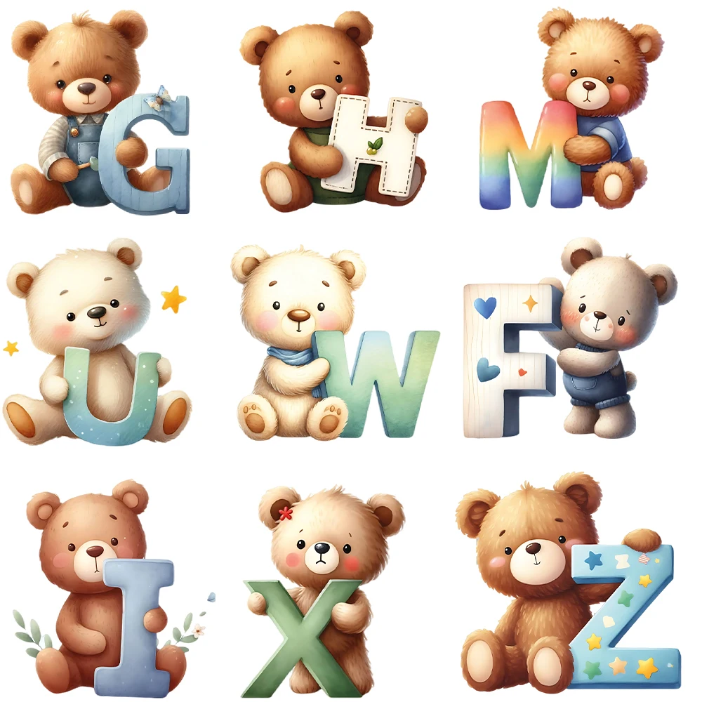 Cartoon Bear A-Z Letter Visual Design Iron on Transfer for Clothing Dtf Transfers Ready To Press Heat Transfer Accessory Cloth