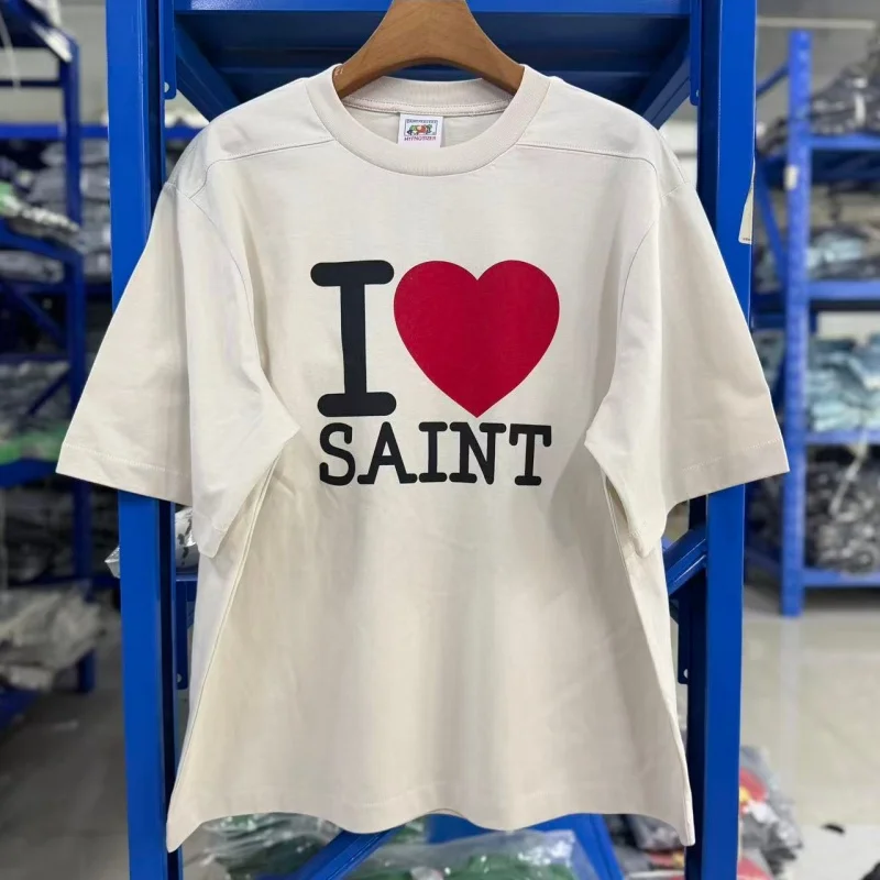 SAINT Heart Print Round-Neck Short-Sleeve T-Shirt for Spring Summer Cotton Men's Women's and Couples T-Shirts