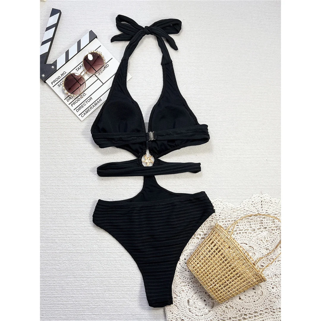 V-Ausschnitt, Cut-Out-Design, Neckholder, gerippter Damen-Badeanzug, einteiliger Badeanzug, Damen-Monokini, hoch geschnitten, gepolstert, Badebekleidung, Badeanzug, Modell V6372. – Detail 10