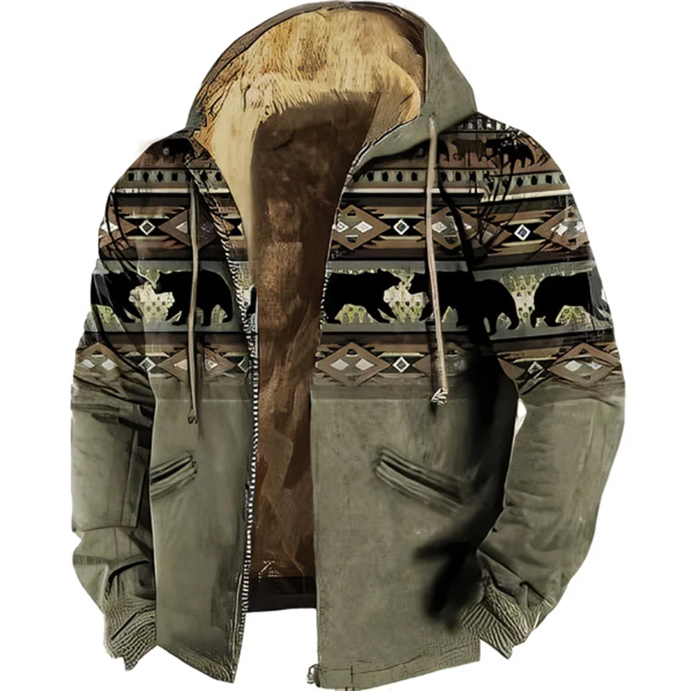 Men\'s Winter Jackets Fleece Male Coats Log Cabin Bear Print Warm Padding Hoodies Parkas Outerwear Chamarras Para Hombre