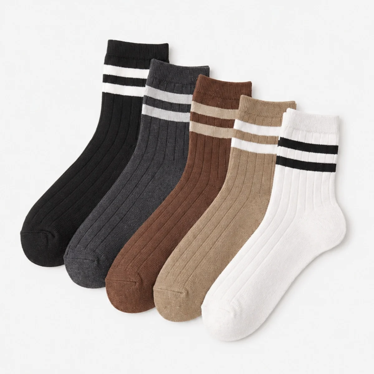 5/10 Pairs of Multi-Colored Women's Mid-Calf Socks, Coffee-Colored Striped Knit, Breathable, Versatile, Elegant, Slimming, Comfortable, Moisture-Wicking, Suitable for Spring, Summer, Autumn, and Winter