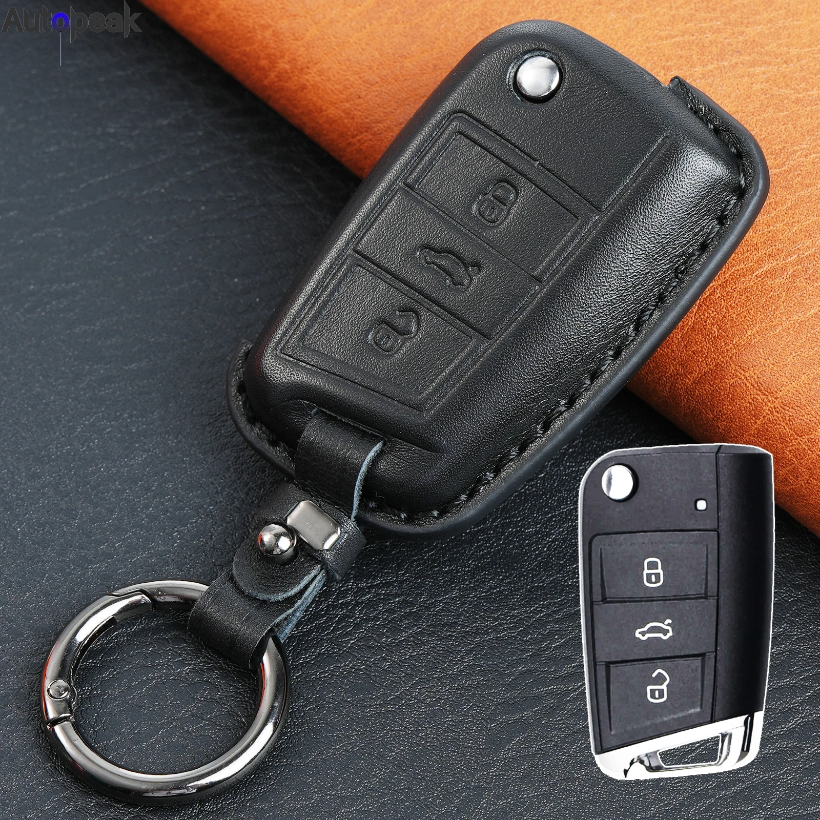 

For Volkswagen Golf 7 Seat Skoda Polo 2016 2017 2014 Remote Genuine Leather 3 Button Key Chain Ring Cover Case Holder Protector