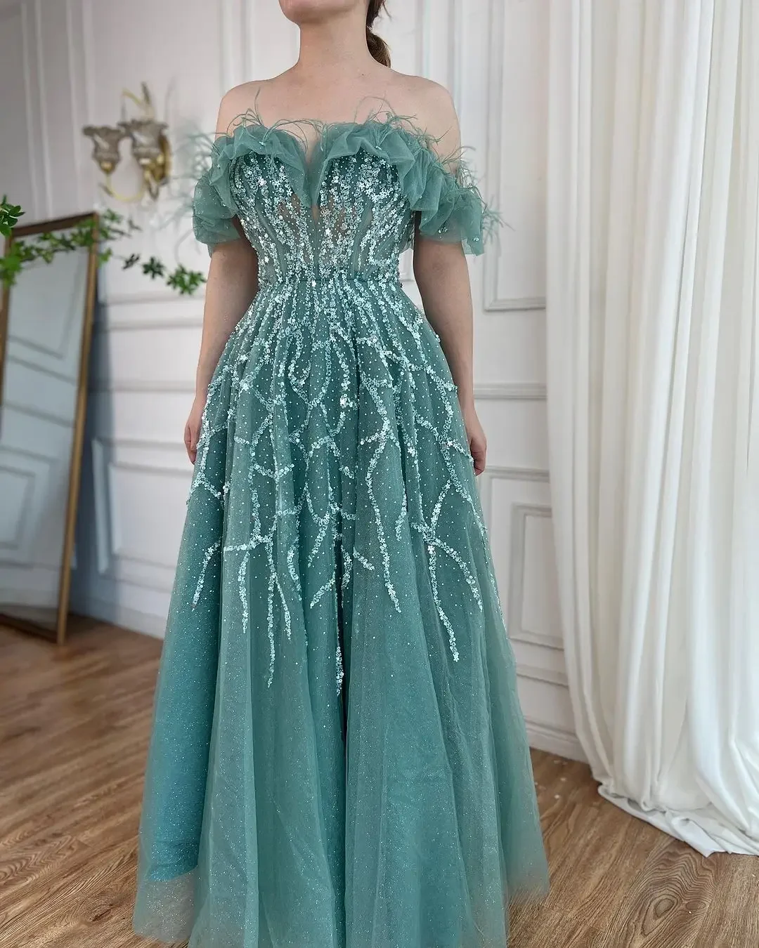 SERENE HILL Arabic Turuqoise A-Line Off Shoulder Beaded Feathers Luxury Evening Dresses Customized 2025 Wedding Party GLA71328