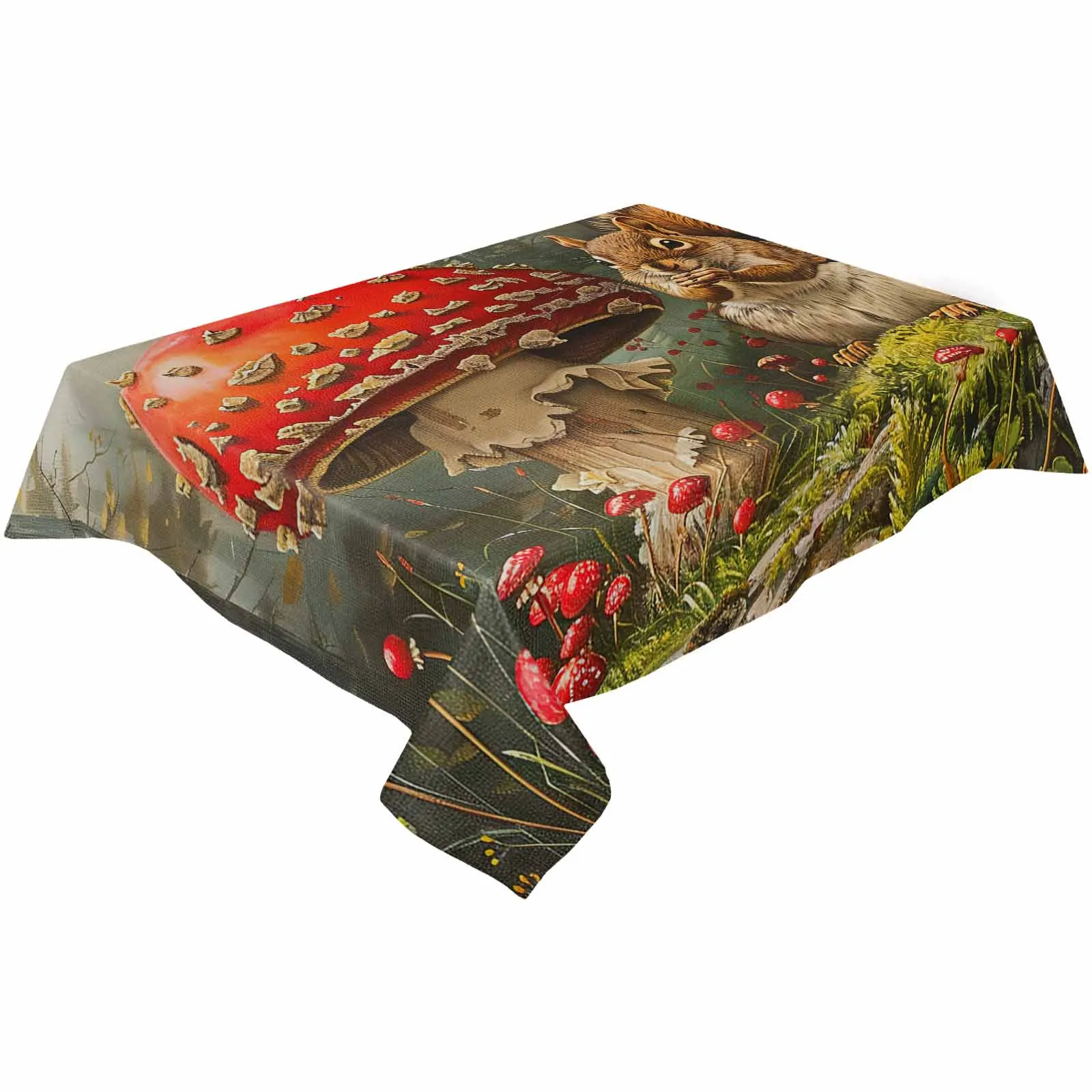 Autumn Forest Mushroom Squirrel Waterproof Table Cloth Holiday Wedding Party Rectangular Table Cover Home Kitchen Decor