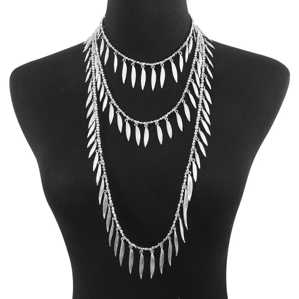 

Vintage Beaded Splicing Necklace Bohemian Style Alloy Tassel Necklace Gold /Silver Metal Chains Feather Leaves Charm Necklace