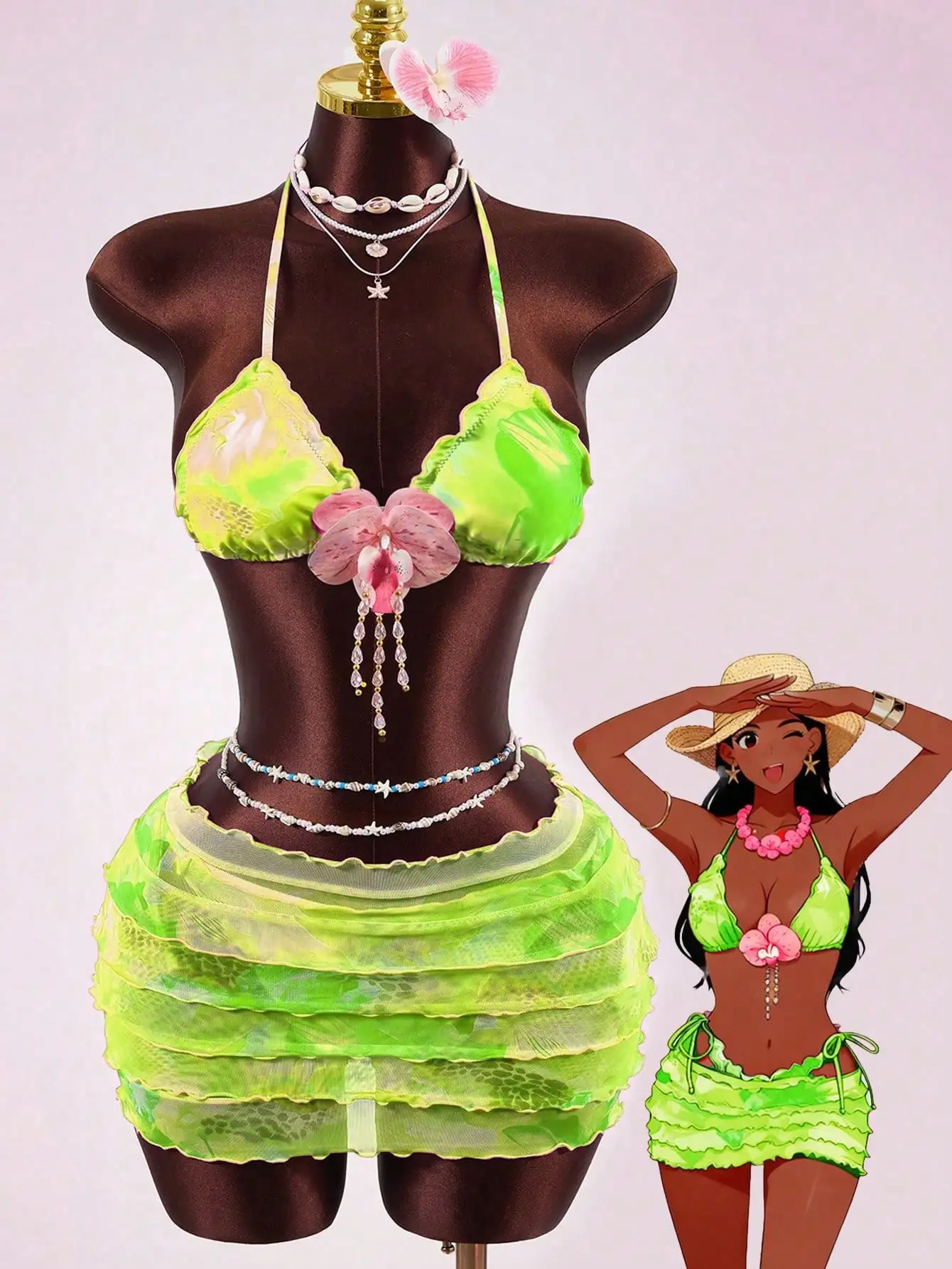 

Комплект бикини с цветочным принтом и многоярусной юбкой с рюшами, сексуальный пляжный купальник из 3 предметов для вечеринок