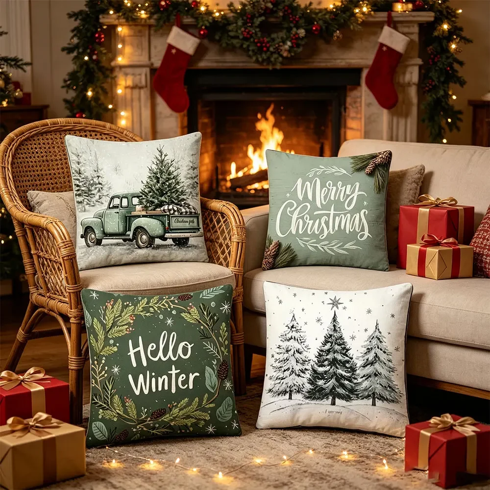 Runt 4pcs 45x45cm Linen Christmas Pillow Covers, Christmas Sofa Decorations, Xmas Gifts, Happy New Year 2027