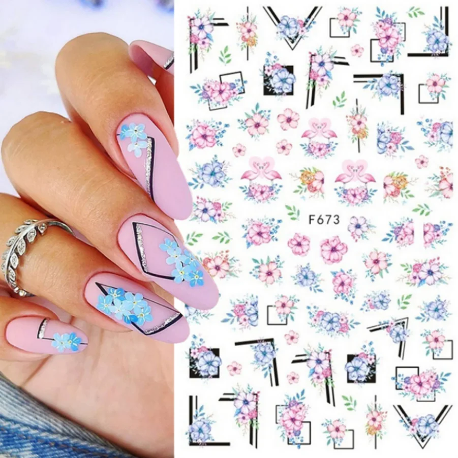 3D Flower Petal Nail Stickers Purple Pink Tulip Leaf Clover Summer Avocado Fruit Geometric Line Floral Manicure Decoration