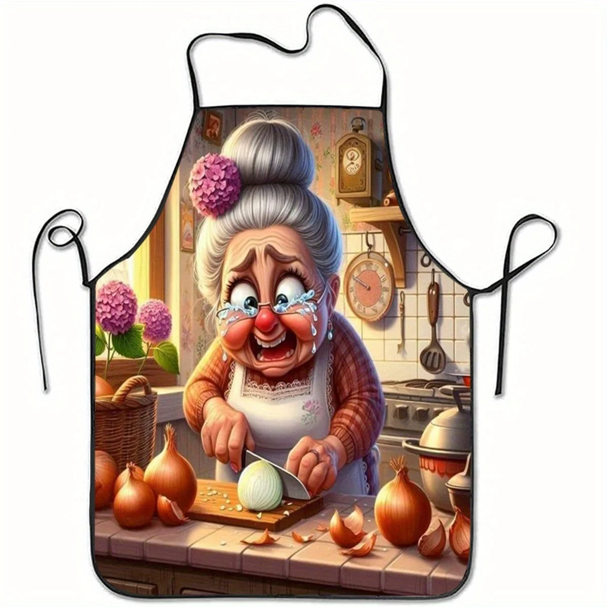 1pc 2D Flat-printed Apron An Ideal Choice For Christmas Featuring A Design Of A Grandmother Crying While Chopping Onions. This U