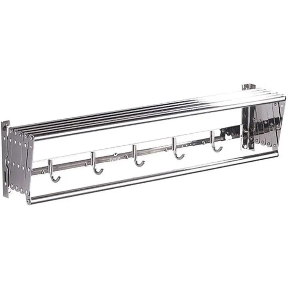 

Indoor Retractable Clothes Drying Rack - Extendable Wall Mount Laundry Airer with Hooks (100cm)