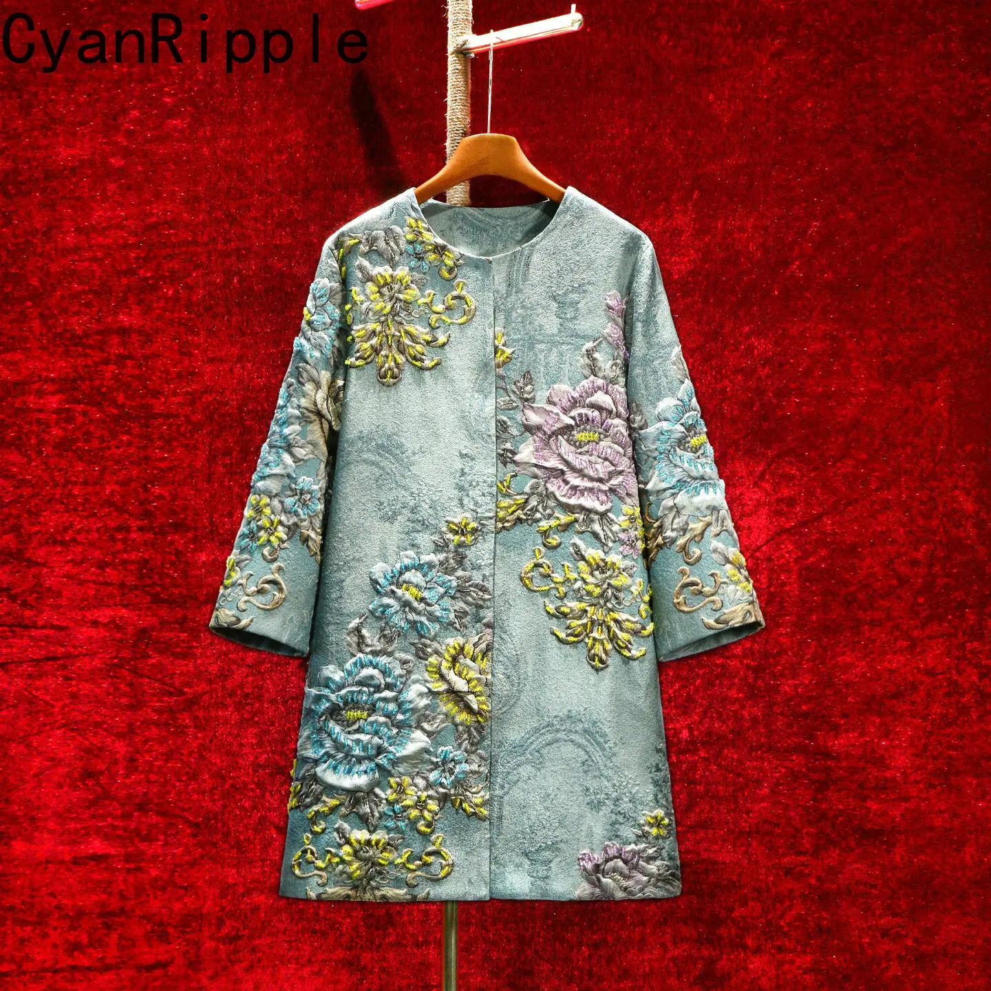 High Quality Emboss Jacquard Luxury Beading Female Windbreaker New Spring Autumn Elegant Round Neck Mid-long Women Trench Coat
