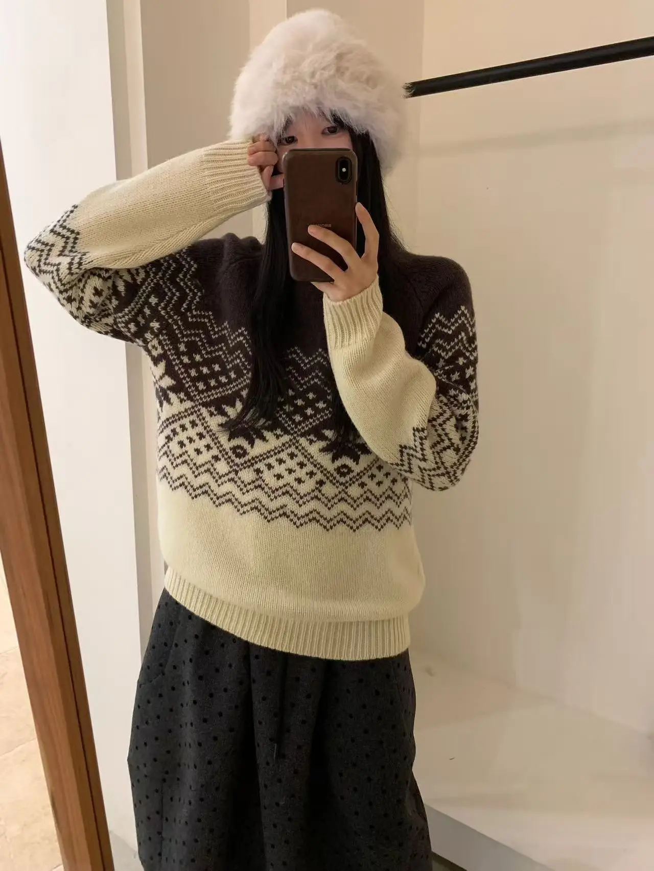 

Cisas Retro Fair Isle Color Blo Knitted Sweater round Ne Full Wool Autumn Winter Women's Loose Fit Long Sve Top