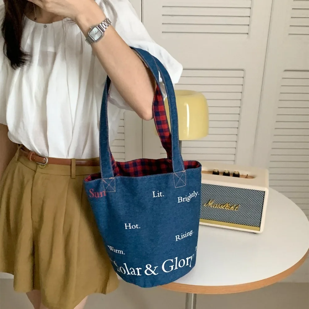 

Storage Denim Blue Bucket Bag Large Capacity Denim Cloth Soft Shoulder Bag Letter Printing Bag