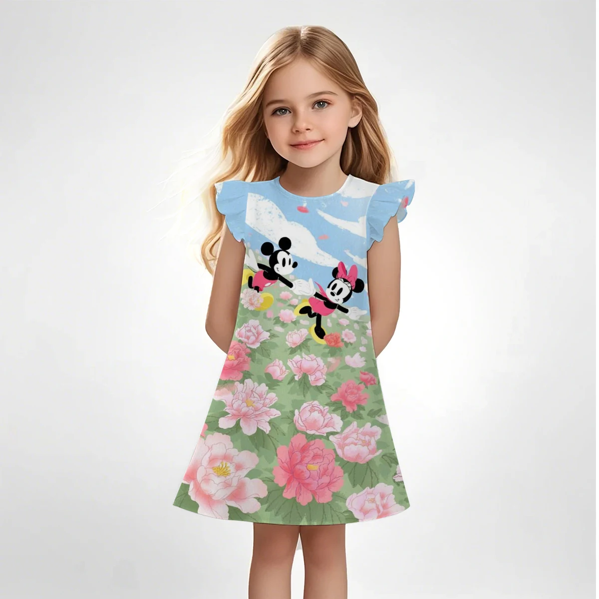 

Feifei Sleeve Cartoon Skirt Girls Casual Fashion Polyester Fiber Thin Summer Cute Fun Printing Children