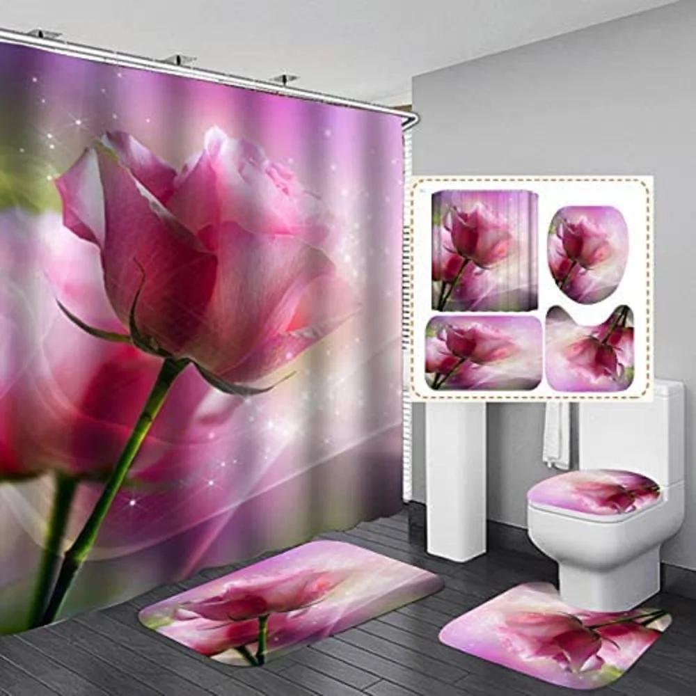 

Elegant Rose Floral Shower Curtain Set Non-Slip Rugs Toilet Cover Bath Mat Romantic Pink Flower Print Bath Curtains Bathroom Set