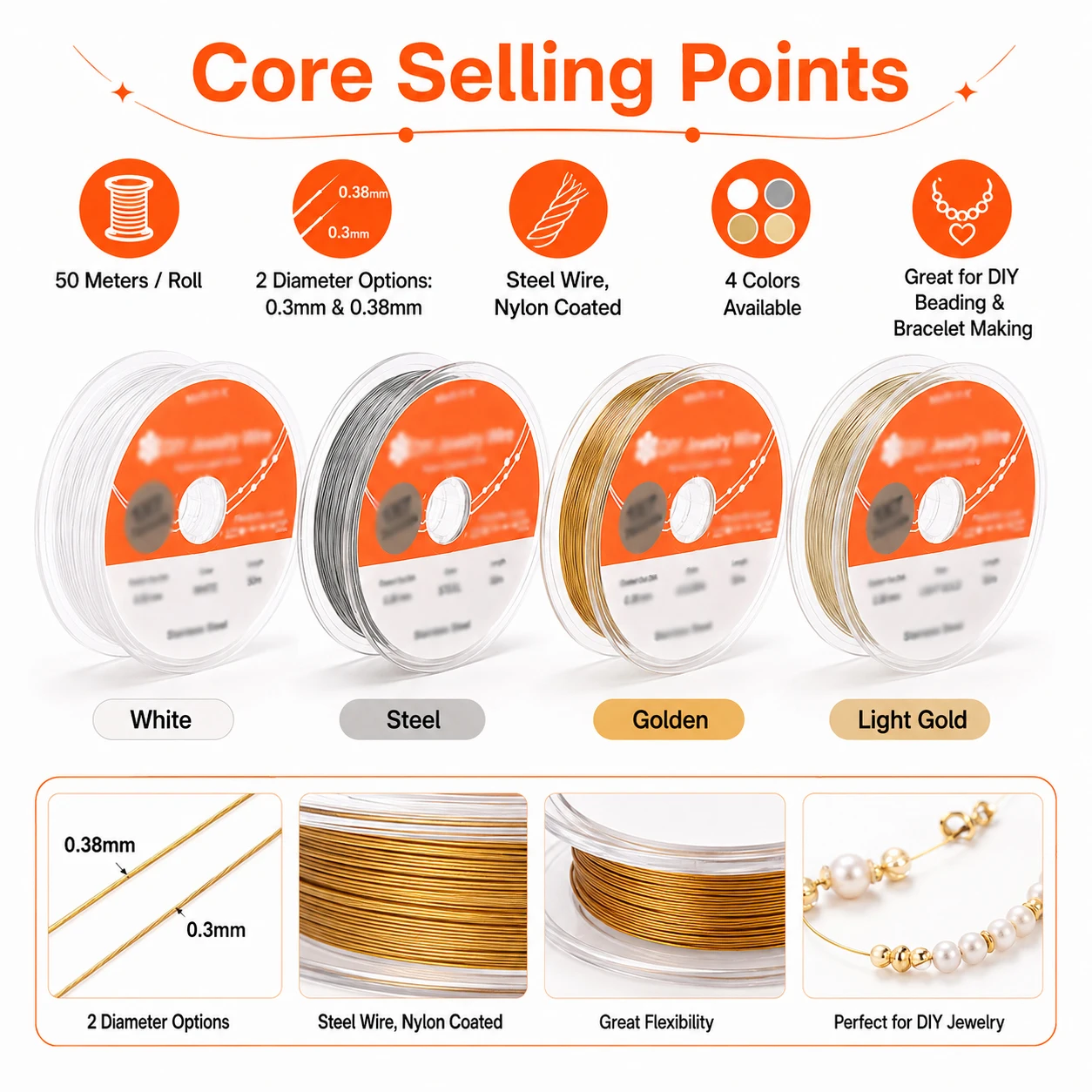 1-5Roll 50m 0.3mm 0.38mm White/Golden Nylon Coated Steel Wire,Tiger Tail Beading Thread for Jewelry Craft DIY Bracelet Necklace