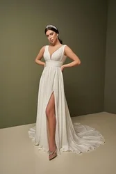 Chiffon Spaghetti Strap Wedding Dresses V Neck Side Slit Bridal Gown Sleeveless Backless Boho Empire Waist Dress with Train