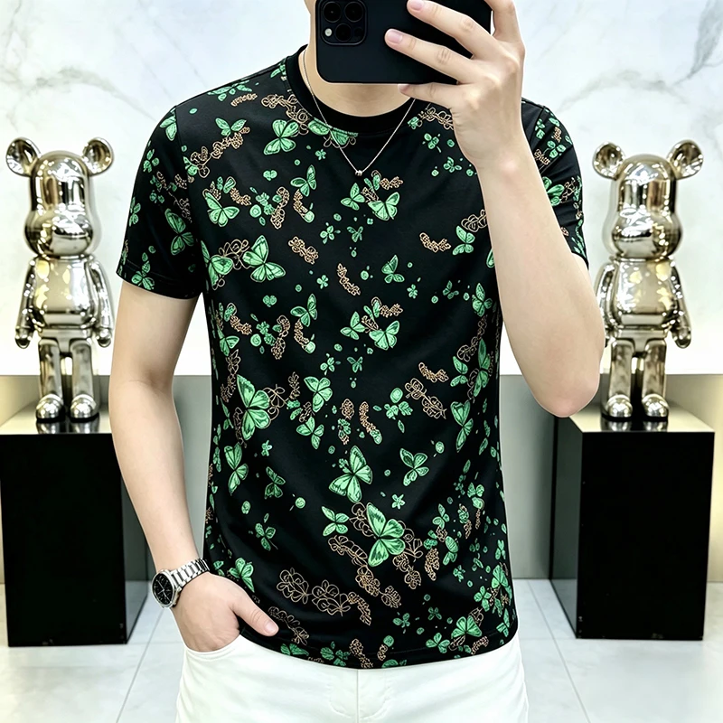 Green Butterfly Print T Shirt For Men Short Sleeve Casual O-Neck Summer Quality Breathable Polyester Premium Camisetas De Hombre