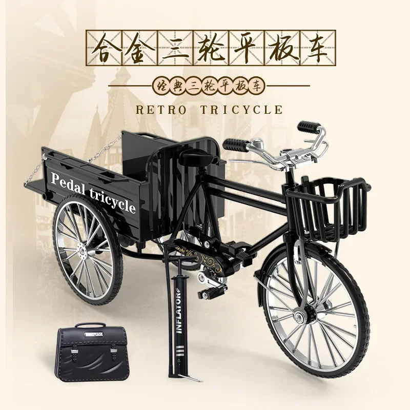 1:10 New Mini Alloy Retro Three wheeled Flatbed Bicycle Metal Diecast Classic Tricycle Model Toy Simulation Collection Gifts