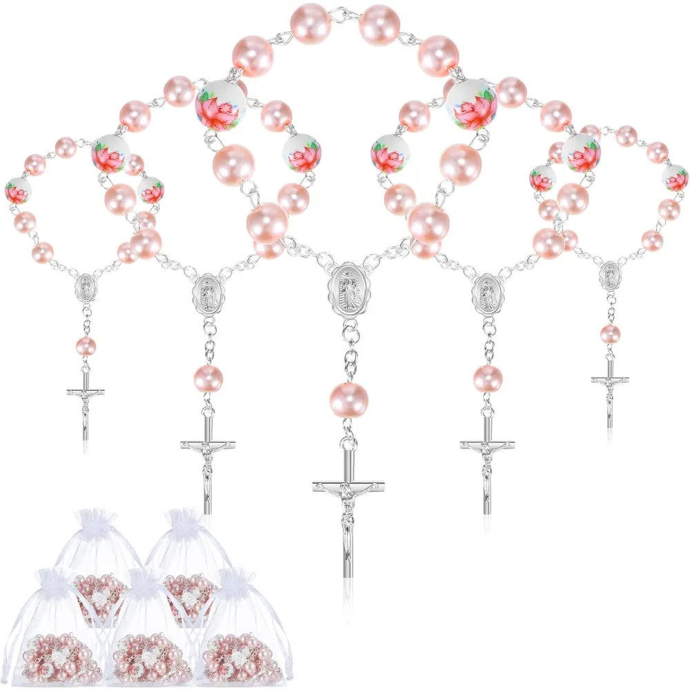 5/12/20/60 conjuntos de recuerdos de bautizo (rosario rosa + bolsas de organza) para niñas, bautizo, primera comunión, recuerdos de boda