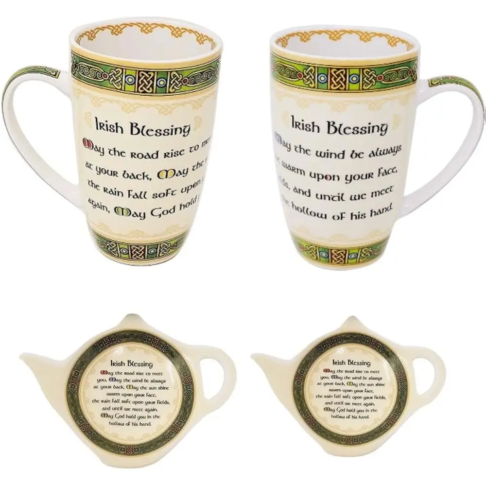 

Чайный сервиз из костяного фарфора в ирландском стиле с надписью «Май дождь и дождь» (или «Пусть дороги благополучно пролегают»), включающий кружки, чайные чашки, блюдца для чайных пакетиков и подставку.