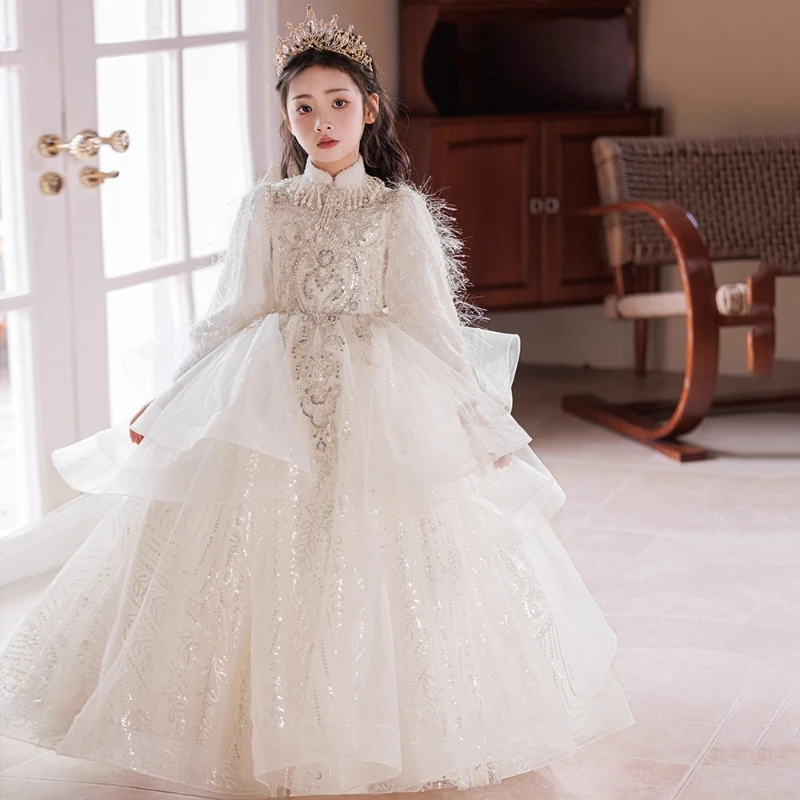 Girls Flower Kids Girl Wedding Dress Children White Tulle Princess Party Gown for Piano Performance Evening Wear Autumn Winter